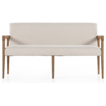 Four Hands - Reuben Dining Bench-Harbor Natural - A tapered nettlewood frame features leather-wrapped arms, with bench-length seating upholstered in a soft off-white blend of cotton and linen.