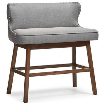 Contemporary Bar Bench Stool, Rubberwood Frame & Nailhead Accented Seat, Gray