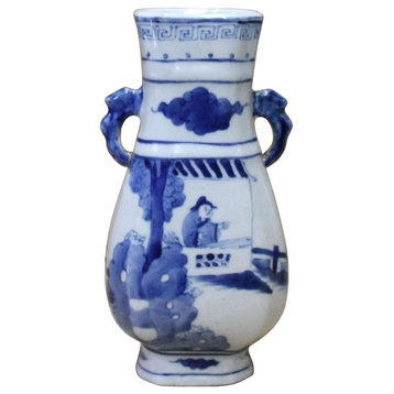 Chinese Blue White Porcelain People House Court Graphic Small Vase Hws707