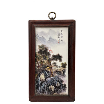 Chinese Wood Frame Porcelain Mountain Tree Scenery Wall Plaque Panel Hws3354