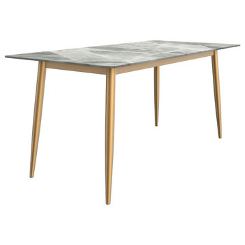 LeisureMod Zayle Dining Table With a 71" Rectangular Top and Gold Steel Base, Light Gray