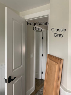 Classic Gray vs Shoji White - how to tone down warm kitchen cabinets