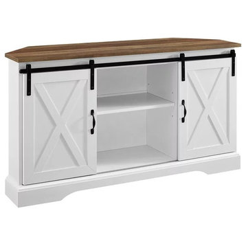 Modern Farmhouse TV Stand, X-Accented Barn Doors and Adjustable Shelves, White