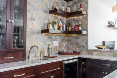 Trendy walk-out porcelain tile basement photo in New York with white walls