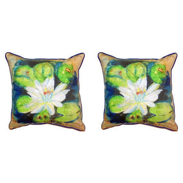 Pair of Betsy Drake Water Lily on Rice Large Pillows 18 Inch X 18 Inch