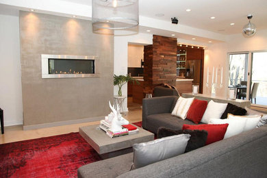 Basement - large contemporary walk-out beige floor basement idea in San Diego with white walls