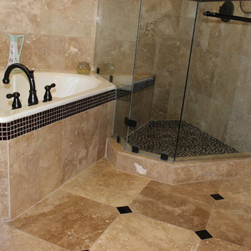 Master Bathroom Travertine, Pebble and Glass