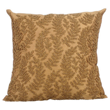 Gold Contemporary Bed Throws Art Silk 20"x20" Leaf Beaded, Golden Ivy