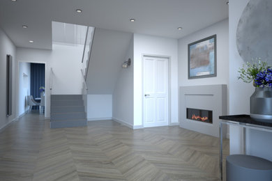 Ejemplo de hall actual de tamaño medio con paredes blancas, suelo de madera en tonos medios y puerta doble