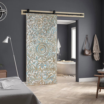 Rustic Modern Coastal: Carved Doors in Raw Woods with a Pop of Color