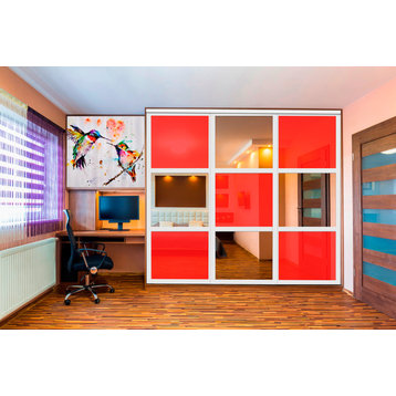 3 Panels Closet / Wardrobe Door with Mirror & Red Painted Glass Insert, 72"x96" Inchese