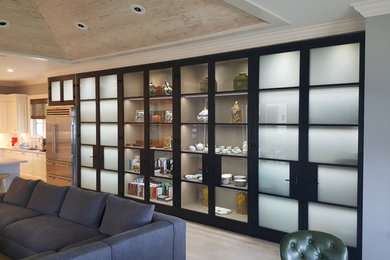 Mid-sized transitional u-shaped open concept kitchen photo in Miami with raised-panel cabinets, white cabinets, marble countertops, white backsplash, subway tile backsplash, stainless steel appliances and an island