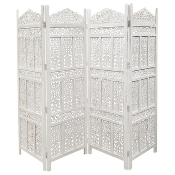Carved 4 Panel Wooden Partition Screen/Room Divider, Distressed White