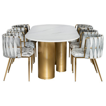 Balmain White Stone Top Oval Dining Table Set for 6, Gray and Gold