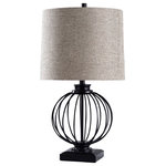 Stylecraft - Audrey Metal Ball Cage Table Lamp, Black Finish with a Round Hardback Shade - Ready to draw attention in any space, the Audrey Table Lamp has a round hardback shade of multitoned beige fabric and a black metal frame in the shape of a round cage. The curved bars of the cage frame create an open sphere, and the dark color of the base contrasts with the heathered oatmeal shade and its brown and black undertones. Stately and stylish, this table lamp is an excellent option for an office, living room, or bedroom.