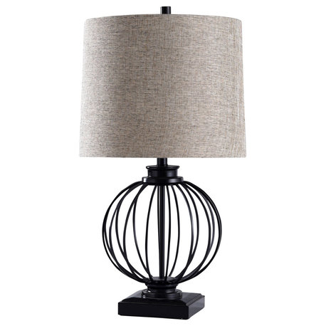 Audrey Metal Ball Cage Table Lamp, Black Finish with a Round Hardback Shade