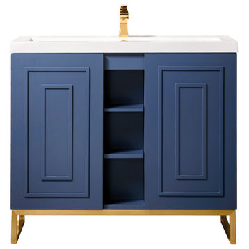 39.5" Single Vanity Vanity Azure Blue, Radiant Gold W/white Glossy  Countertop
