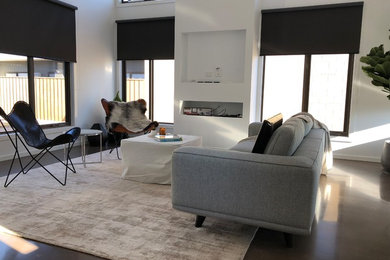 Idee per un soggiorno design di medie dimensioni e chiuso con pareti bianche, pavimento in cemento e pavimento marrone