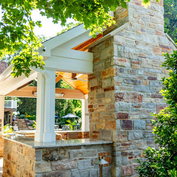 Pool Side Covered Patio with Fireplace and Bar Area