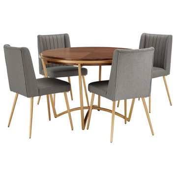 Shelley Natural Wood and Gold Metal Dining Set, Grey, 5 Piece Set