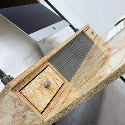 Pinder gloss lacquered OSB Industrial Desk with Storage & perforated steel - Display & Wall Shelves