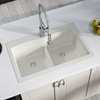 T812 Topmount Double Bowl Quartz Kitchen Sink, White, Colored Strainers