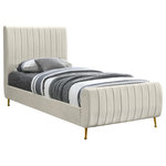 Meridian Furniture - Zara Channel Tufted Velvet Upholstered Bed With Custom Gold Legs, Cream, Twin - Slip into the lap of luxury with this Zara Velvet Bed. This beautiful twin bed is padded to the max on its headboard and footboard for a look that is nothing short of upscale. The luxe design is amplified by the bed's rich cream velvet upholstery and its deep detailed channel tufting, which also serves to keep the interior padding aloft, full, and comfortable while you relax or unwind in bed. The bed has gold legs for a regal touch, and it comes with slats, so it doesn't require a box spring.