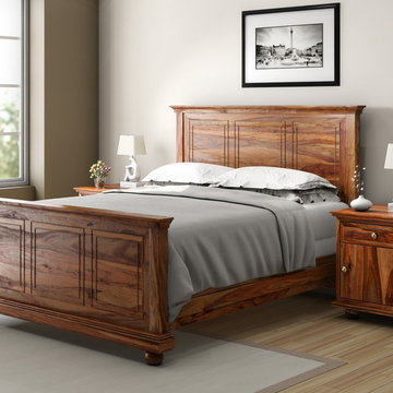 Modern Mission Solid Wood Platform Bed Frame w 2 Nightstands