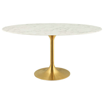 Faux White Marble Tulip Dining Table, Oval, Glam Gold Table, 60"
