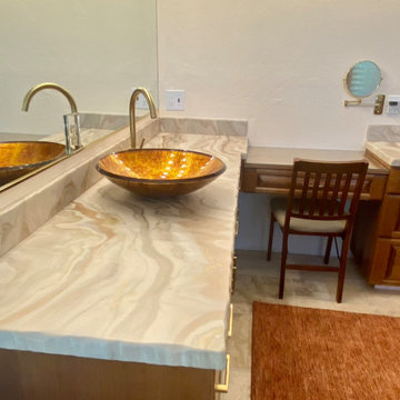 Yellow Onyx Epoxy Countertops with Hammered Copper Tub Surround