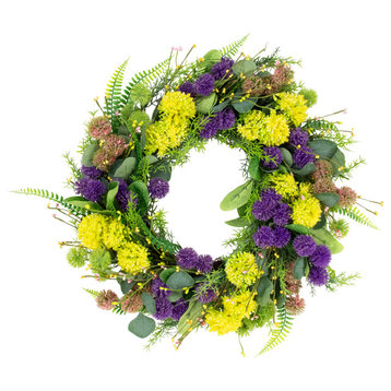 Mixed Foliage and Thistle Spring Wreath 22" Yellow and Purple