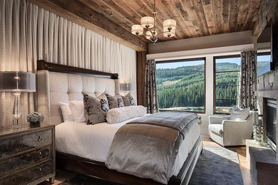 Bedroom - master light wood floor bedroom idea in Other with a stone fireplace, white walls and a standard fireplace