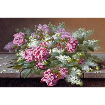 Tile Mural Still Life Flowers Pink Roses and White Lilacs, Ceramic Matte