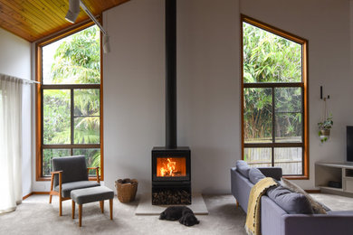 Inspiration for a mid-sized midcentury living room in Other with a wood stove, a tile fireplace surround and timber.