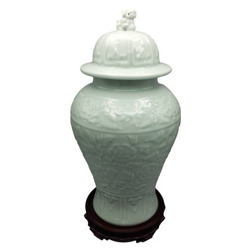Chinese Vase Carved Celadon with Lion head Lid