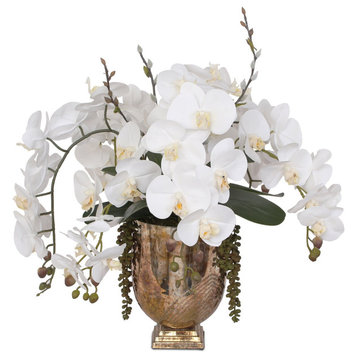 Real Touch Phalaenopsis Orchid, Leaves with String of Pearls in Gold Glass Vase