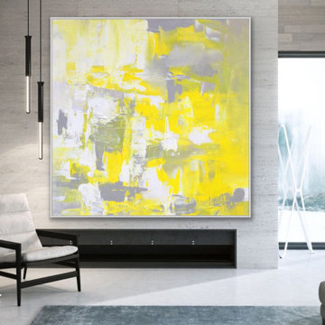 48x48 IN yellow white abstract Art oversized Modern Painting - Sunset Glow