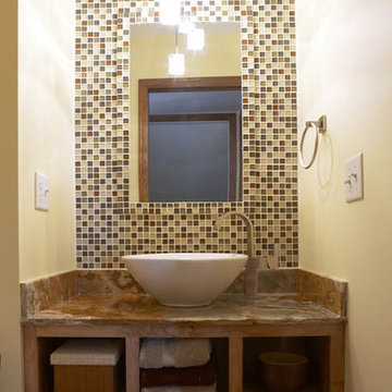 Modern Powder Room with Rust, Green and Ivory Onyx Vanity Top
