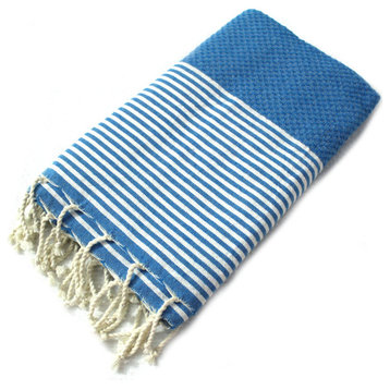 Honeycomb Tunisian Fouta Towel With Stripes on Each End, Blue