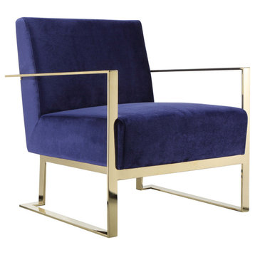Pangea Home Dexter 17" Velvet & High Polished Steel Lounge Chair in Navy/Gold