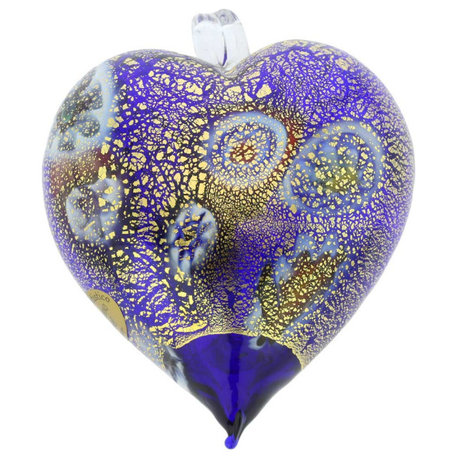 Glass Of Venice Murano Glass Heart Christmas Ornament Millefiori Blue And Gold.