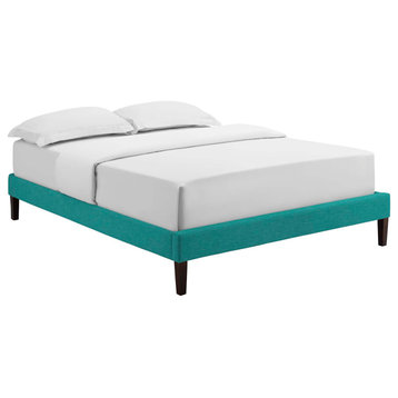 Tessie Queen Fabric Bed Frame With Squared Tapered Legs, Teal