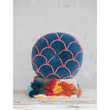 18 Inches Round Cotton Pillow With Tufted Scallop Pattern, Navy Blue and Pink