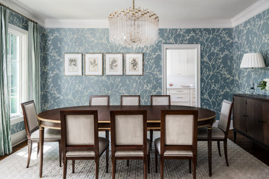 Inspiration for a transitional dark wood floor, brown floor and wallpaper dining room remodel in Charlotte with brown walls