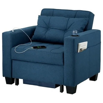 Convertible Sleeper Chair, Padded Seat With USB & Cup Holder, Blue Linen