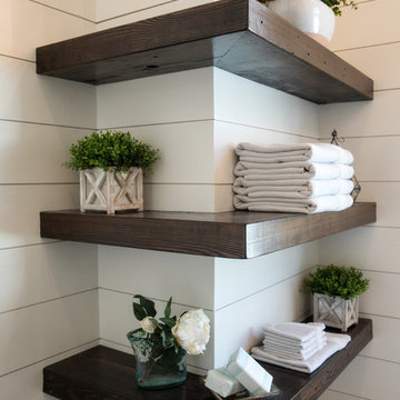 Floating Shelves Add Farmhouse Charm to Modern Bathroom