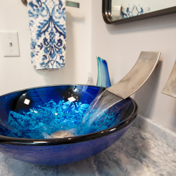 Blue Glass Vessel Sink with Waterfall Faucet – Rockport Cottage Conversion