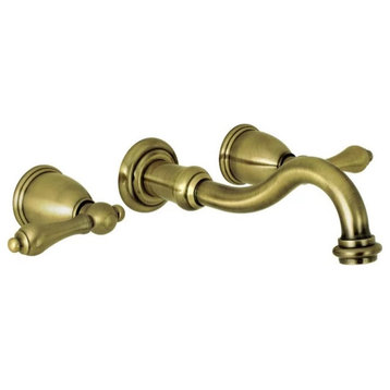 Vintage Bathroom Faucet, Wall Mount Design With Curved Spout & 2 Levers, Brass
