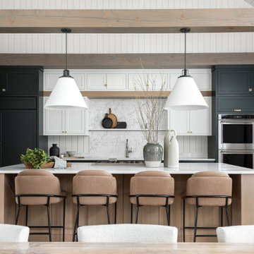 White, Dark Green, and Rift Oak Cottage Kitchen