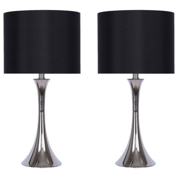 24" Polished Nickel Table Lamp Set With Black Silk-Like Shade, Set of 2